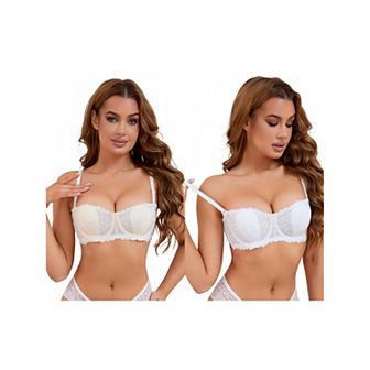 2 Packs Women's Lace Underwired Balconette Adjustable Straps Padded Tube Bras