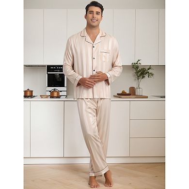 2 Sets Satin Pajamas for Men's Sleepwear Long Sleeve Top and Pants Striped Pjs Set