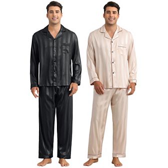 2 Sets Satin Pajamas for Men's Sleepwear Long Sleeve Top and Pants Striped Pjs Set