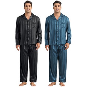 2 Sets Satin Pajamas for Men's Sleepwear Long Sleeve Top and Pants Striped Pjs Set