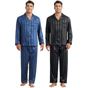 2 Sets Satin Pajamas for Men's Sleepwear Long Sleeve Top and Pants Striped Pjs Set