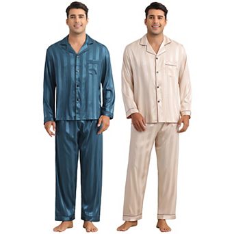 2 Sets Satin Pajamas for Men's Sleepwear Long Sleeve Top and Pants Striped Pjs Set
