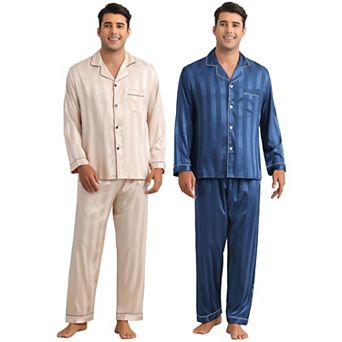 2 Sets Satin Pajamas for Men's Sleepwear Long Sleeve Top and Pants Striped Pjs Set