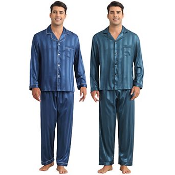 2 Sets Satin Pajamas for Men's Sleepwear Long Sleeve Top and Pants Striped Pjs Set