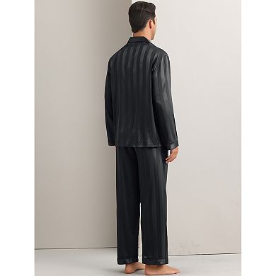 Men's Sleepwear Long Sleeve Tops and Pants 2 Sets Striped Satin Pajamas