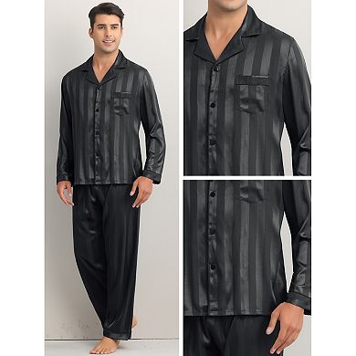 Men's Sleepwear Long Sleeve Tops and Pants 2 Sets Striped Satin Pajamas