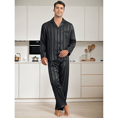 Men's Sleepwear Long Sleeve Tops and Pants 2 Sets Striped Satin Pajamas