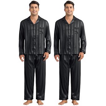Men's Sleepwear Long Sleeve Tops and Pants 2 Sets Striped Satin Pajamas
