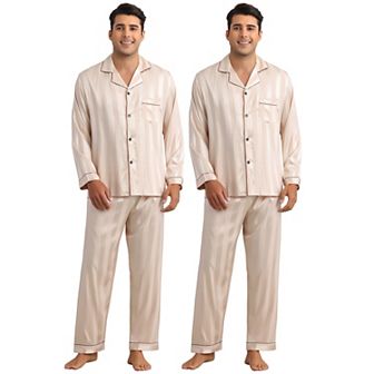 Men's Sleepwear Long Sleeve Tops and Pants 2 Sets Striped Satin Pajamas