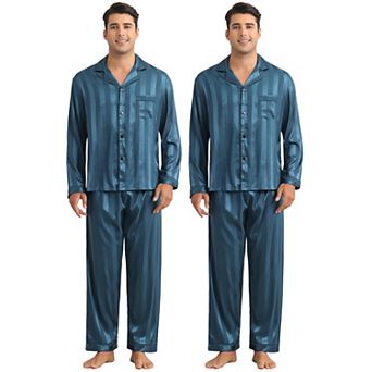 Men's Sleepwear Long Sleeve Tops and Pants 2 Sets Striped Satin Pajamas