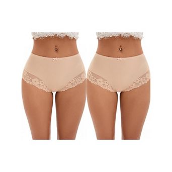 2 Packs Women's Lace Trim High Waist Briefs Full-Coverage Lace Back Underwear Panties