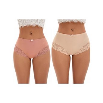 2 Packs Women's Lace Trim High Waist Briefs Full-Coverage Lace Back Underwear Panties