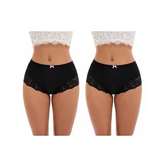 2 Packs Women's Lace Trim High Waist Briefs Full-Coverage Lace Back Underwear Panties