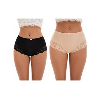 2 Packs Women's Lace Trim High Waist Briefs Full-Coverage Lace Back Underwear Panties