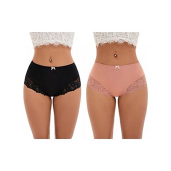 2 Packs Women's Lace Trim High Waist Briefs Full-Coverage Lace Back Underwear Panties