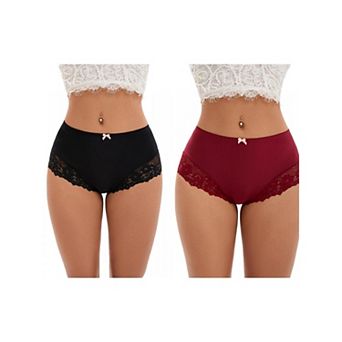 2 Packs Women's Lace Trim High Waist Briefs Full-Coverage Lace Back Underwear Panties