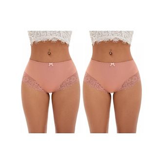 2 Packs Women's Lace Trim High Waist Briefs Full-Coverage Lace Back Underwear Panties