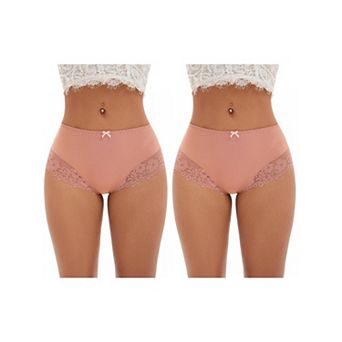 2 Packs Women's Lace Trim High Waist Briefs Full-Coverage Lace Back Underwear Panties