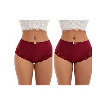 2 Packs Women's Lace Trim High Waist Briefs Full-Coverage Lace Back Underwear Panties