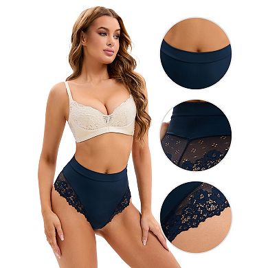 2 Packs Women's Lace Trim High-Waisted Underwear Thongs Briefs Tummy Control Underpants