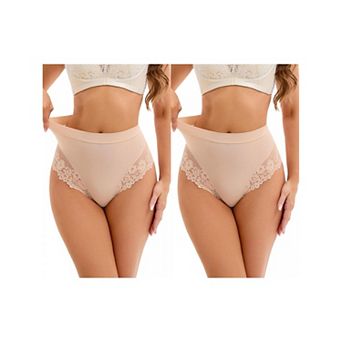 2 Packs Women's Lace Trim High-Waisted Underwear Thongs Briefs Tummy Control Underpants