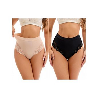 2 Packs Women's Lace Trim High-Waisted Underwear Thongs Briefs Tummy Control Underpants