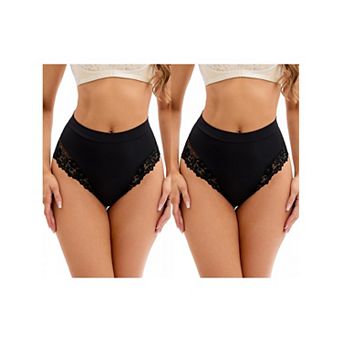 2 Packs Women's Lace Trim High-Waisted Underwear Thongs Briefs Tummy Control Underpants