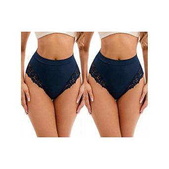 2 Packs Women's Lace Trim High-Waisted Underwear Thongs Briefs Tummy Control Underpants