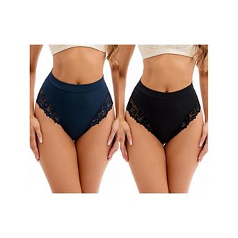 2 Packs Women's Lace Trim High-Waisted Underwear Thongs Briefs Tummy Control Underpants