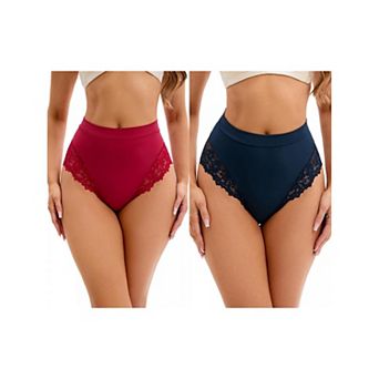 2 Packs Women's Lace Trim High-Waisted Underwear Thongs Briefs Tummy Control Underpants