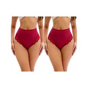 2 Packs Women's Lace Trim High-Waisted Underwear Thongs Briefs Tummy Control Underpants