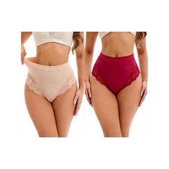 2 Packs Women's Lace Trim High-Waisted Underwear Thongs Briefs Tummy Control Underpants
