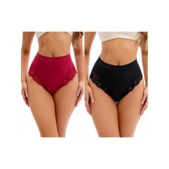 2 Packs Women's Lace Trim High-Waisted Underwear Thongs Briefs Tummy Control Underpants