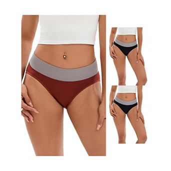 3 Packs Women's Color-Block No Trace Underwear Mid-Waisted Full Coverage Briefs