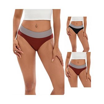 3 Packs Women's Color-Block No Trace Underwear Mid-Waisted Full Coverage Briefs