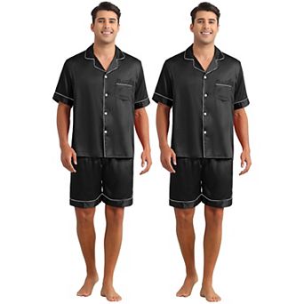 2 Sets Men's Short Sleeve Sleepwear Loungewear Shirts and Shorts Satin Soft Pajamas