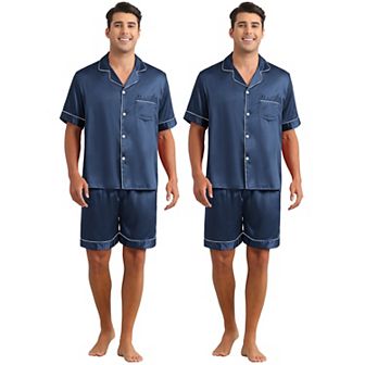 2 Sets Men's Short Sleeve Sleepwear Loungewear Shirts and Shorts Satin Soft Pajamas