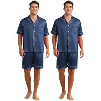 2 Sets Men's Short Sleeve Sleepwear Loungewear Shirts and Shorts Satin Soft Pajamas
