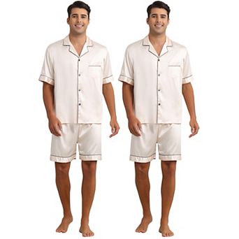 2 Sets Men's Short Sleeve Sleepwear Loungewear Shirts and Shorts Satin Soft Pajamas