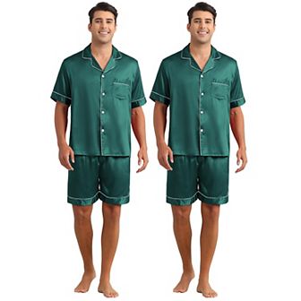 2 Sets Men's Short Sleeve Sleepwear Loungewear Shirts and Shorts Satin Soft Pajamas