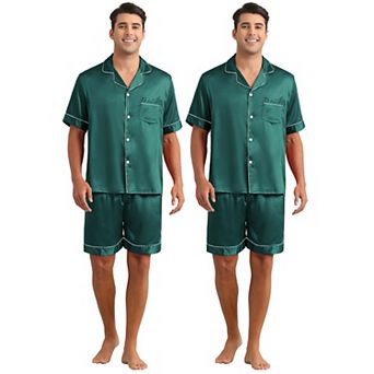 2 Sets Men's Short Sleeve Sleepwear Loungewear Shirts and Shorts Satin Soft Pajamas