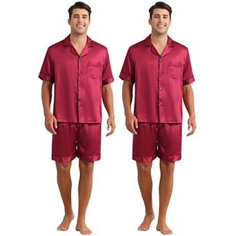2 Sets Men's Short Sleeve Sleepwear Loungewear Shirts and Shorts Satin Soft Pajamas