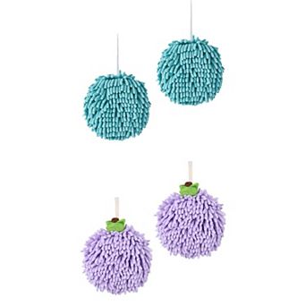 4 Pack Soft Absorbent Fluffy Chenille Ball Hand Towels, Fuzzy Decorative Towel with Wall Hook 6"x6"