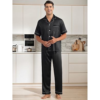 Men's Sleepwear Button Down Short Sleeve Shirts and Pants Satin Pajamas 2 Sets