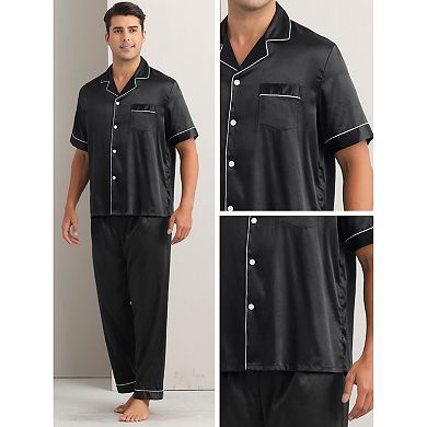 Men's Sleepwear Button Down Short Sleeve Shirts and Pants Satin Pajamas 2 Sets