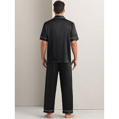 Men's Sleepwear Button Down Short Sleeve Shirts and Pants Satin Pajamas 2 Sets