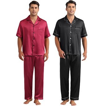 Men's Sleepwear Button Down Short Sleeve Shirts and Pants Satin Pajamas 2 Sets