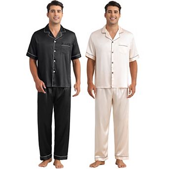Men's Sleepwear Button Down Short Sleeve Shirts and Pants Satin Pajamas 2 Sets