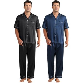 Men's Sleepwear Button Down Short Sleeve Shirts and Pants Satin Pajamas 2 Sets
