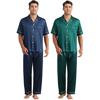 Men's Sleepwear Button Down Short Sleeve Shirts and Pants Satin Pajamas 2 Sets